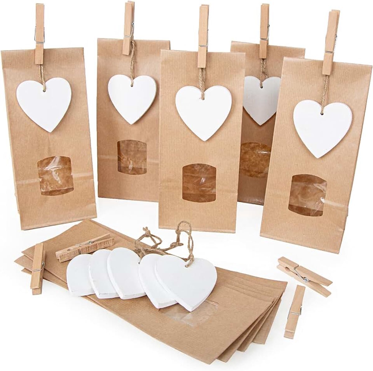 10 gastgeschenken venster zakjes met folie levensmiddelen met houten harthanger bruiloft verjaardag 10 x 6,5 x 27,5 cm