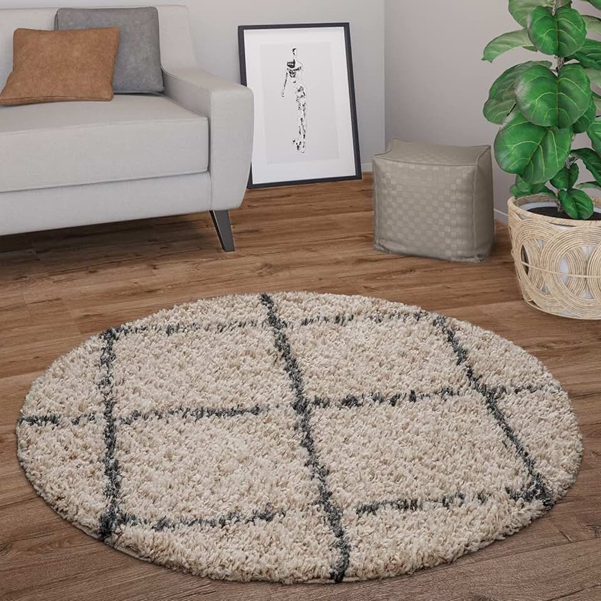 Home Hoogpolig Vloerkleed Rond Woonkamer Modern Shaggy Langpolig Scandi Ruiten, Maat:Ø 200 cm rondje, Kleur:Beige-Antraciet