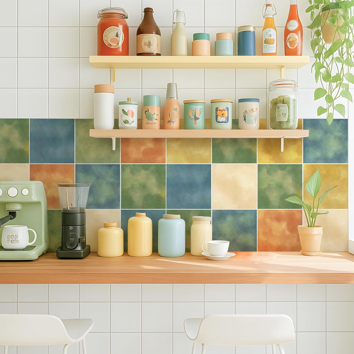 Zelfklevende vinyl waterdichte spatwand, 20 x 20 cm x 25 stuks, beschermfolie verwijderen en opplakken, tegelstickers voor badkamer, keuken, vloer muur, groen blauw oranje geel