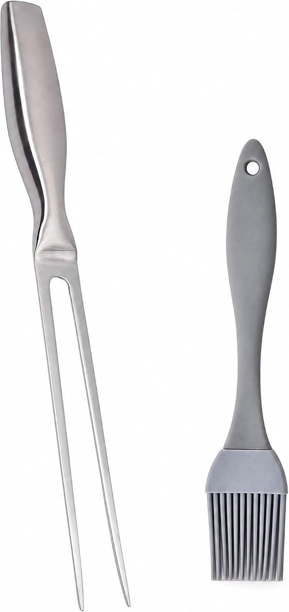 Vleesvork van roestvrij staal met grillborstel, 27 cm, roestvrije braadvork, stabiele grillaccessoires met hittebestendige handgreep