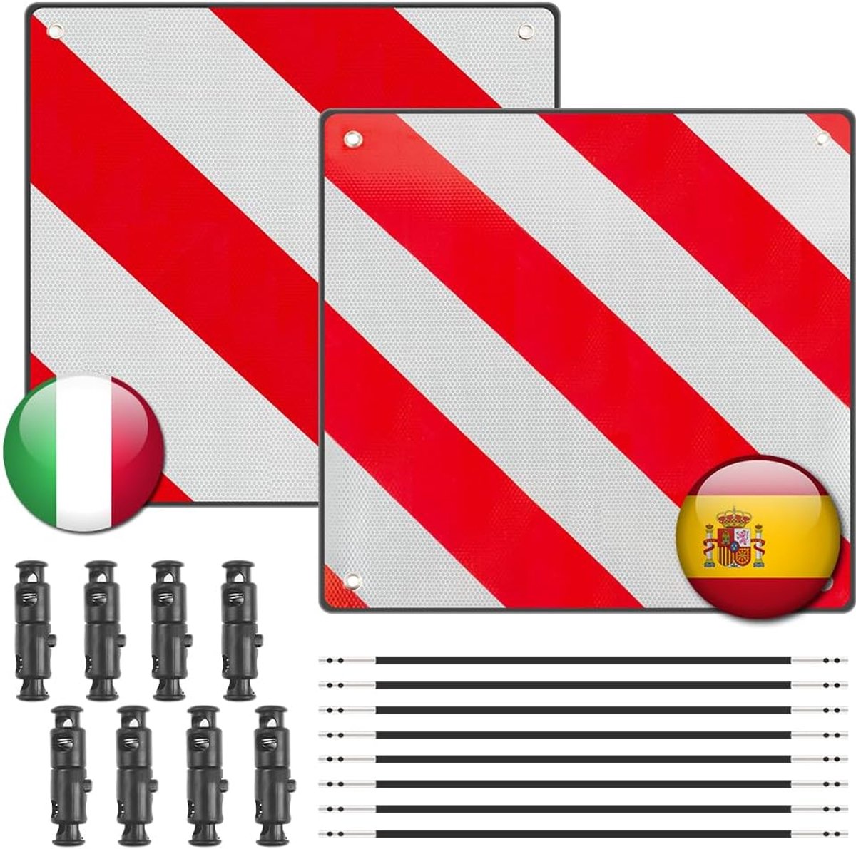 2 stuks waarschuwingsborden Italië en Spanje, 2-in-1 waarschuwingsbord, wit rood met 8 spankabels, laadruimtebord voor campers, fietsendragers, caravans (50 x 50 cm)