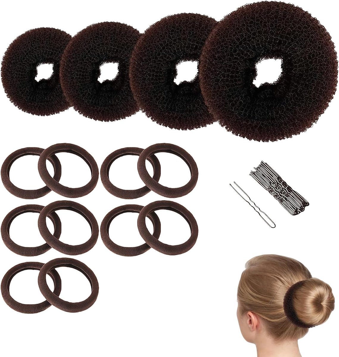 4 stuks met 10 haarelastiekjes en 10 clips – donut bun maker haarset voor vrouwen – knotkussen voor snelle elegante haarstijlen, bruiloften en dagelijks gebruik