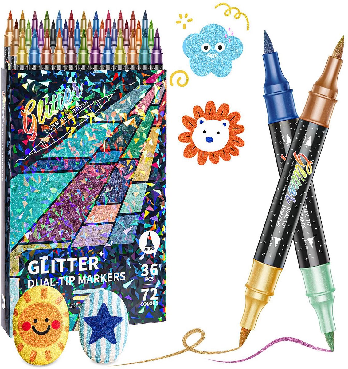 Glitterstiften met twee uiteinden en twee kleuren, sneldrogend, geschikt om mee te tekenen/knutselen, te gebruiken op steen, glas, hout, stof en paaseieren,36 stuks (72 kleuren)