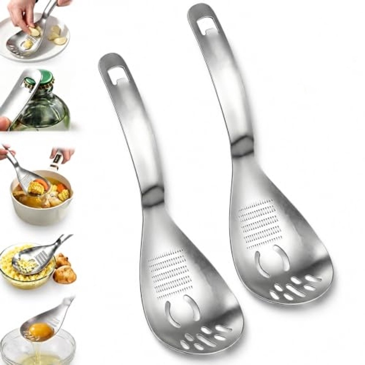 5-in-1 RVS Kooklepel - Multifunctionele Keukenlepel met Eierdeler, Aardappel- & Knoflookpureerder, Rasp, Flessenopener en Zeef - Geschikt voor Dagelijks Koken en Bereiden - Duurzaam Roestvrijstaal - Handig Keukenhulpmiddel - Eenvoudig Schoon te Maken