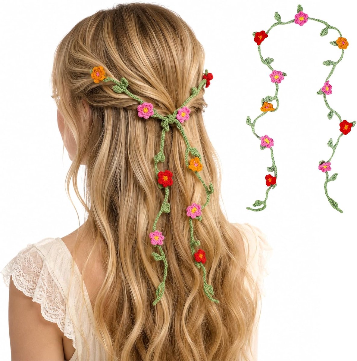 Meisjeshaarband met gehaakte bloemen handgemaakte haarband voor lang haar elegante boho-haaraccessoire voor dames woondecoratie (Roze)