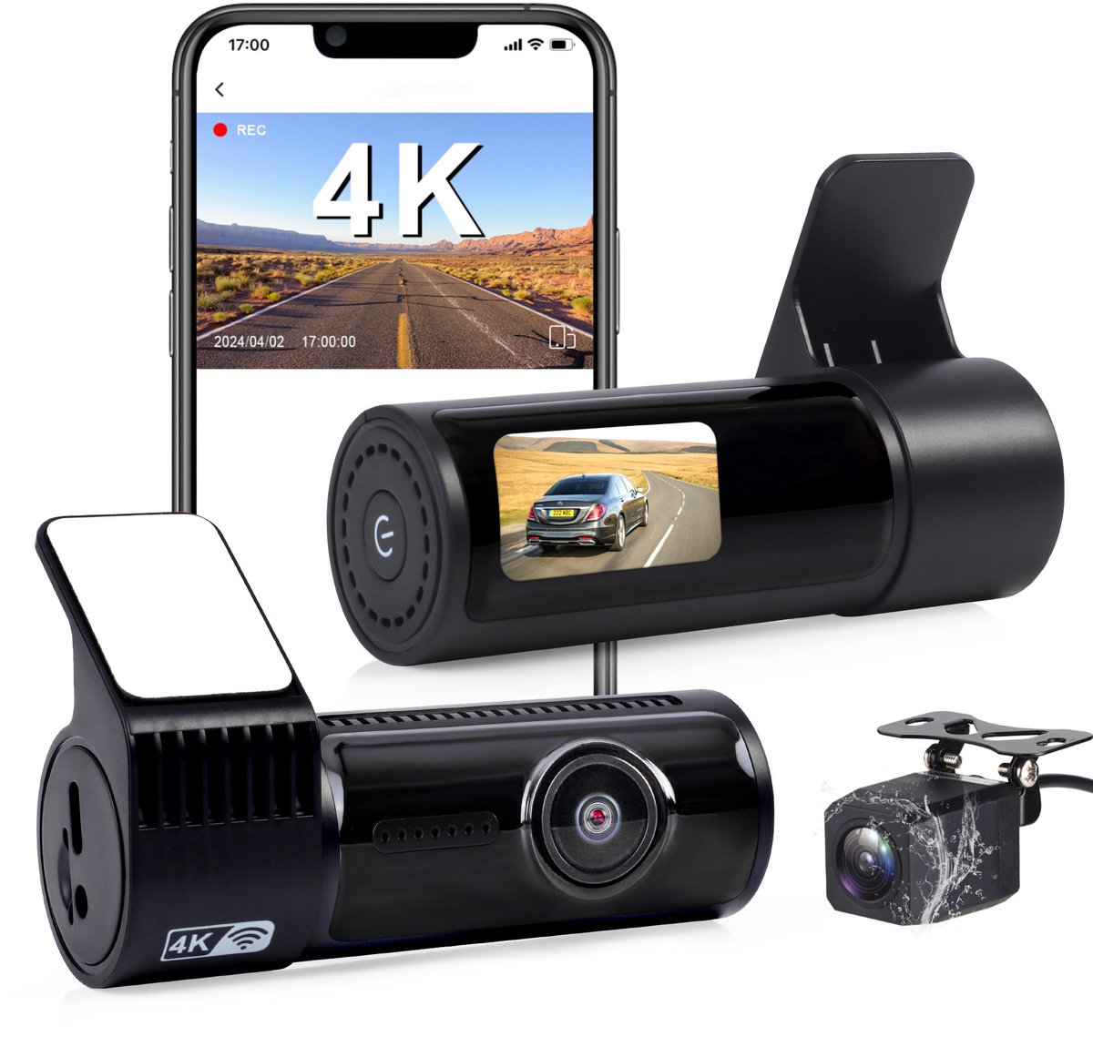 Dashcam voor en achter, 4K met wifi-autocamera met 64 GB SD-kaart, loopopname, G-sensor, app-bediening, super nachtzicht, 170 graden + 140 graden groothoek, veiligere supercondensator