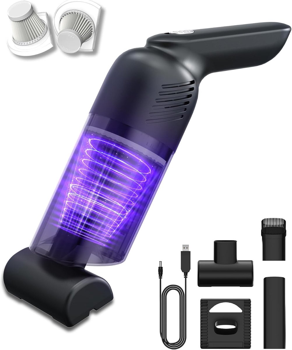 Handstofzuiger, 12000 Pa handstofzuiger, accu, mini-luchtblazer met 2 wasbare HEPA-filters, draagbare stofzuiger voor 4 zuigopzetstukken, voor auto, huis, dierenhaar, bureau, toetsenborden