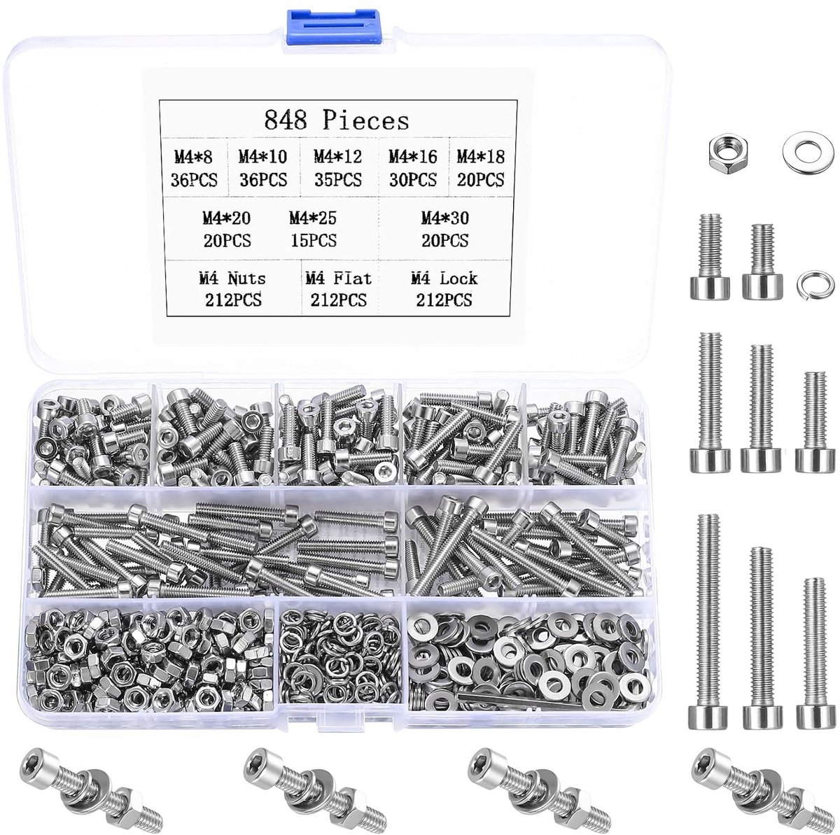 848 stuks M4 schroevenset, roestvrij staal 304 binnenzeskant cilinderschroeven met moeren en sluitringen, zeskantschroeven, assortiment voor modelbouw en elektronica