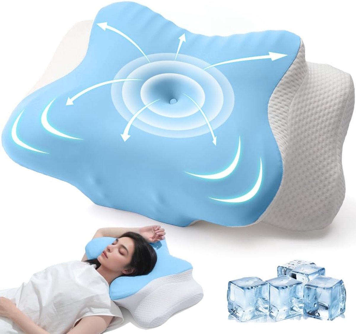 Nekkussen voor pijnverlichting, ergonomisch contourkussen van traagschuim, orthopedisch nekkussen voor buikslapers, koelkussen met wasbare kussensloop, blauw