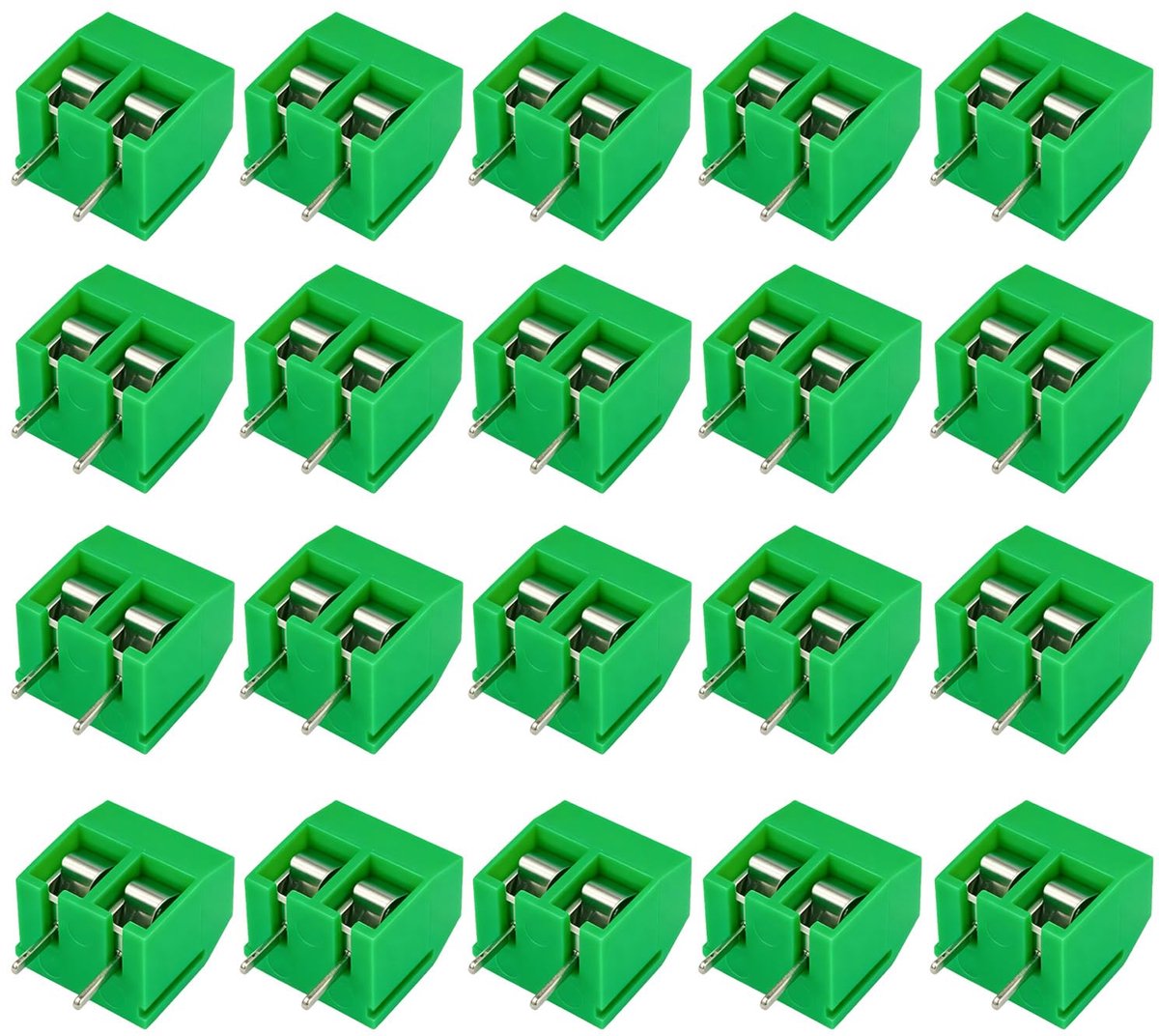 20 stuks groen 2-pins PCB mount schroef klemmenblok, 5,08 mm pitch printplaten schroefklemblok connectoren (10A / 300V)