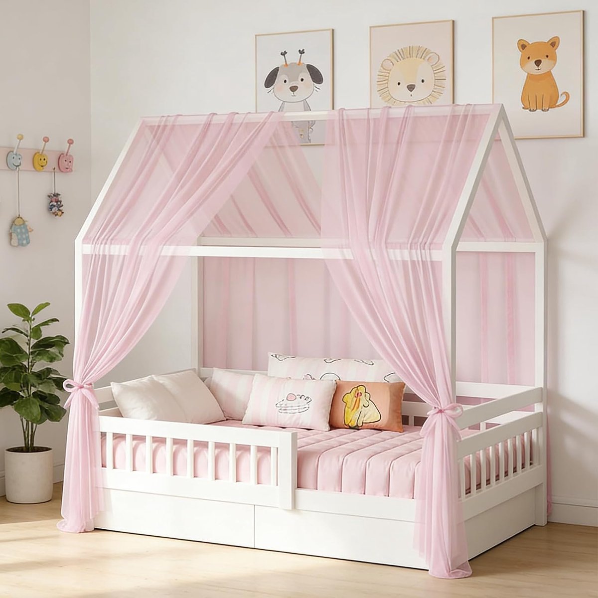 Hemelset, decoratie, 2 stuks, bedhemel, huisbed, decoratie, hemelbed, gordijnen voor huisbed, decoratie, bedgordijn voor meisjes en jongens (roze, 150 x 350 cm)