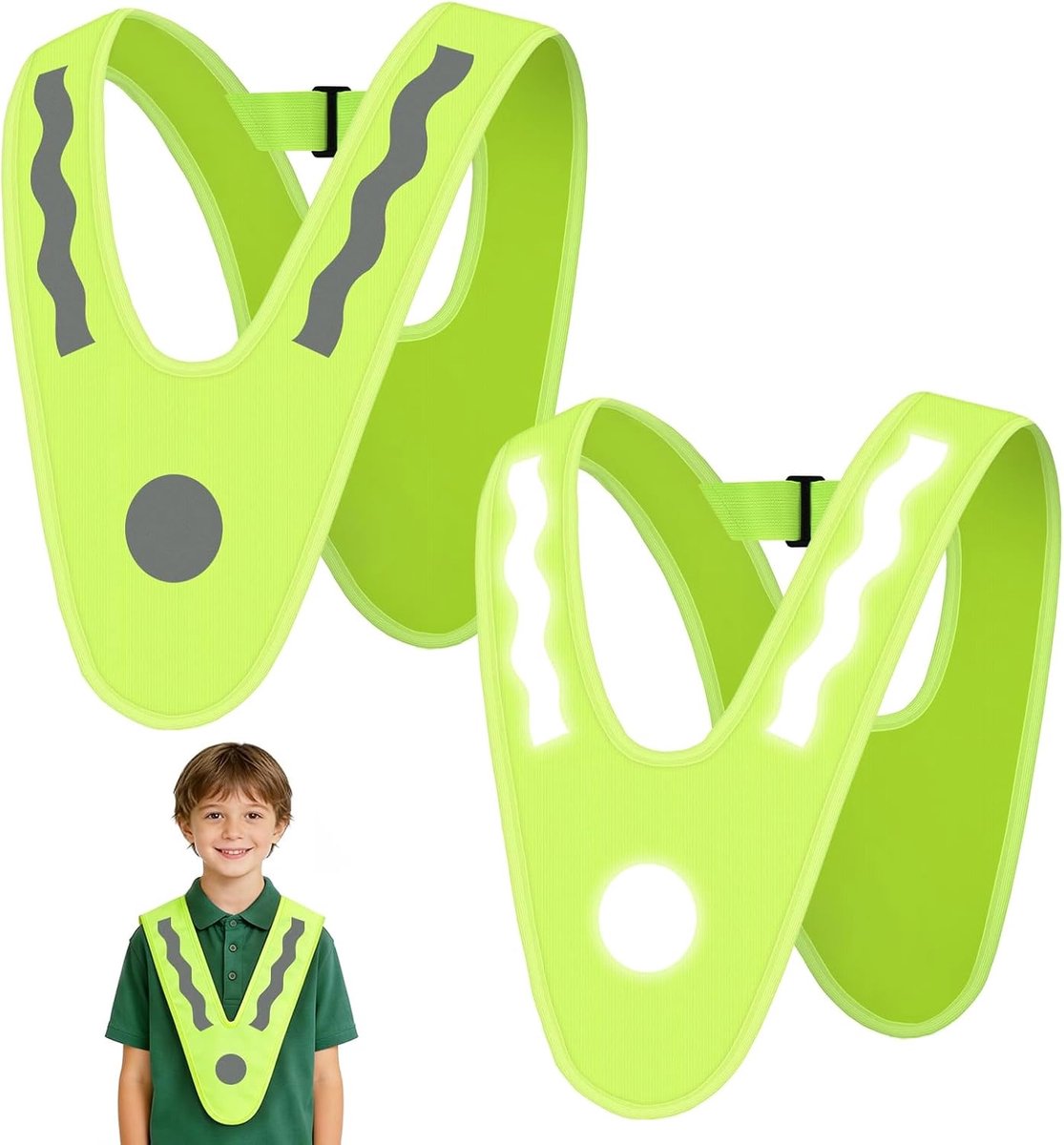 Veiligheidsvest voor Kinderen, Set van 2, V-vormig Veiligheidsvest voor Kinderen voor Fietsen, Sporten, Hardlopen en Wandelen (V-vormig met Elastische Band)