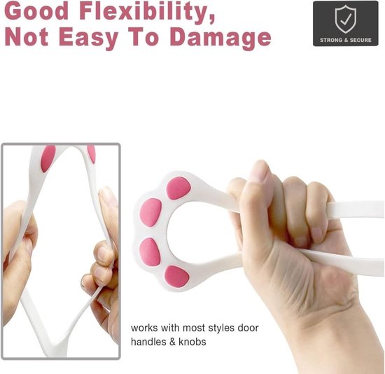 Een hand die een witte, flexibele deurhouder met roze kattenpootjes vasthoudt, met tekst 'Good Flexibility, Not Easy To Damage'.