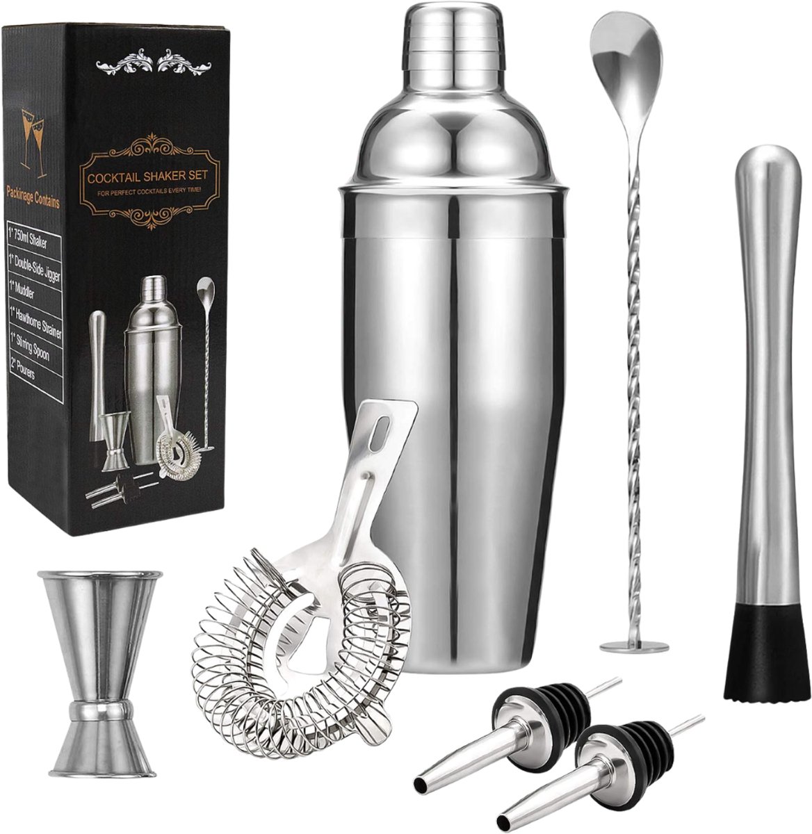 Verte - Cocktail Shaker Set - 7-Delige Cocktailbereidingsset - 750 Ml Roestvrijstalen Barbenodigdheden - Bartenderset Met Dubbele Jigger - Muddler - Zeef - Schenktuitjes - Minglepel