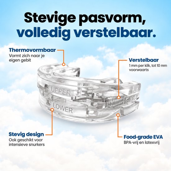 Details van de verstelbare snurkbeugel: thermovormbaar, verstelbaar, stevig, food-grade EVA.