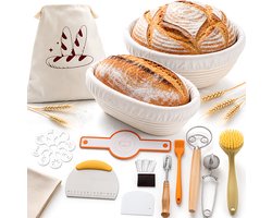 Broodbakset - 2-delige Rieten Rijsmandenset met Deegkom - Compleet Bakgerei voor Brood Bakken - Rijsmand, Bakmat, Deegkrabber, Snijmes en Bakaccessoires - Voor Thuisbakken