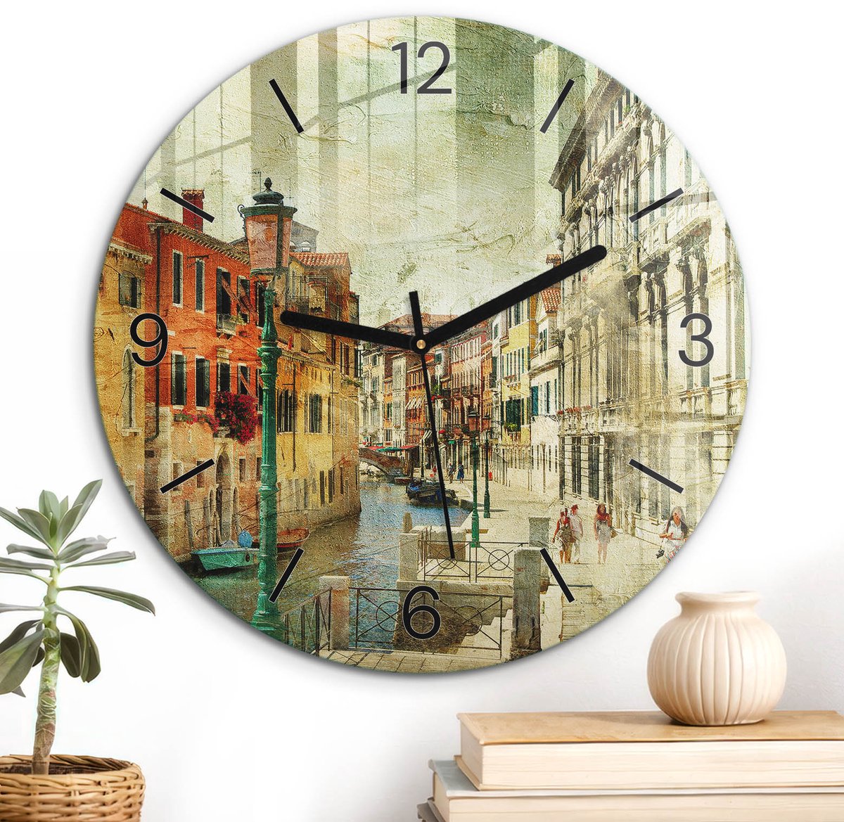 ArtPrintCave Oranje Glazen Klok - Wandklok 30 cm - Muurklok Rond - Stadslandschap Unieke Klok - Architectuur Stille Wandklok - Zwarte Klokwijzers