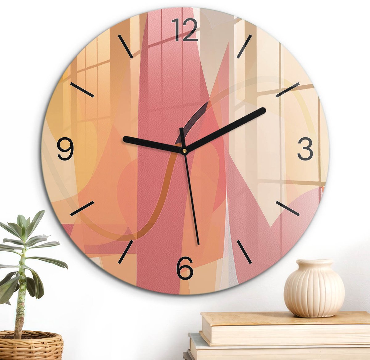 ArtPrintCave Roze Glazen Klok - Wandklok 30 cm - Muurklok Rond - Pastel Abstractie Wandklok Keuken - Kunst Unieke Klok - Zwarte Klokwijzers