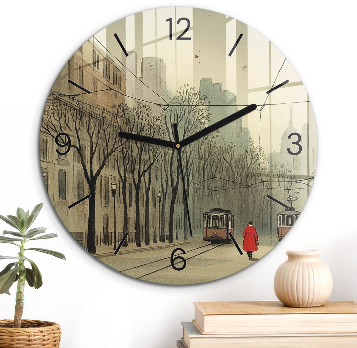 ArtPrintCave Beige Glazen Klok - Wandklok 30 cm - Muurklok Rond - Stedelijke Vrede Stille Wandklok - Architectuur Wandklok Keuken - Zwarte Klokwijzers