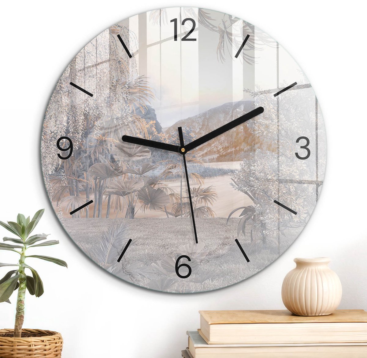ArtPrintCave Beige Glazen Klok - Wandklok 30 cm - Muurklok Rond - Een Vredig Landschap Stille Wandklok - Natuur Wandklok Keuken - Zwarte Klokwijzers