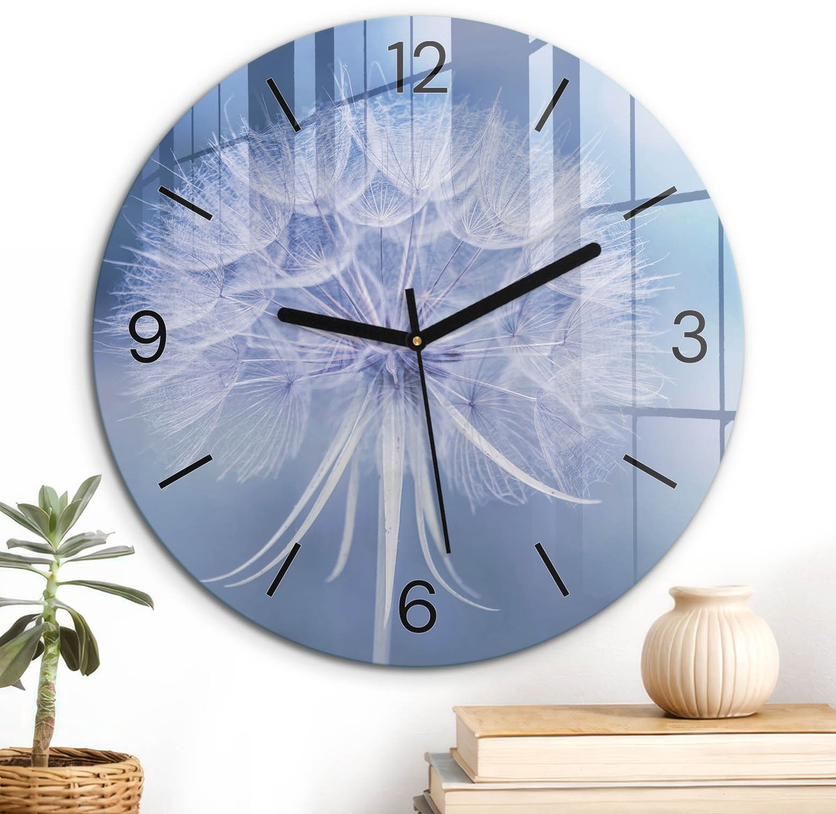 ArtPrintCave Blauw Glazen Klok - Wandklok 30 cm - Muurklok Rond - Paardenbloem Van Dromen Stille Wandklok - Natuur Wandklok Keuken - Zwarte Klokwijzers