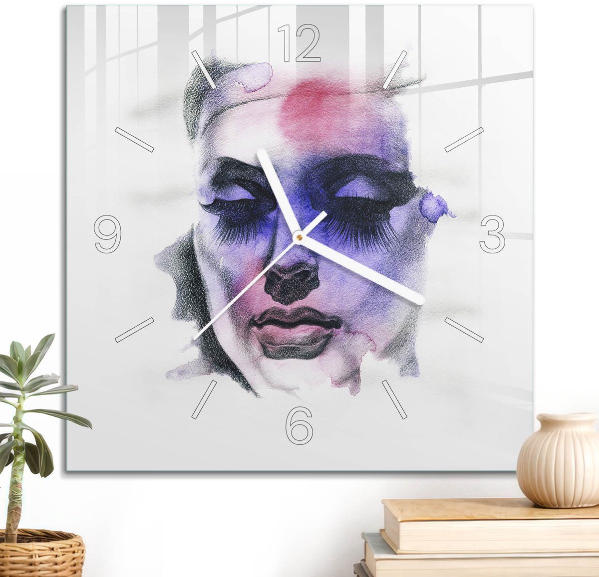 ArtPrintCave Paars Glazen Klok - 30x30 cm - Wandklok Vierkant - Dromerig Portret Stille Wandklok - Abstractie Wandklok Keuken - Witte Klokwijzers
