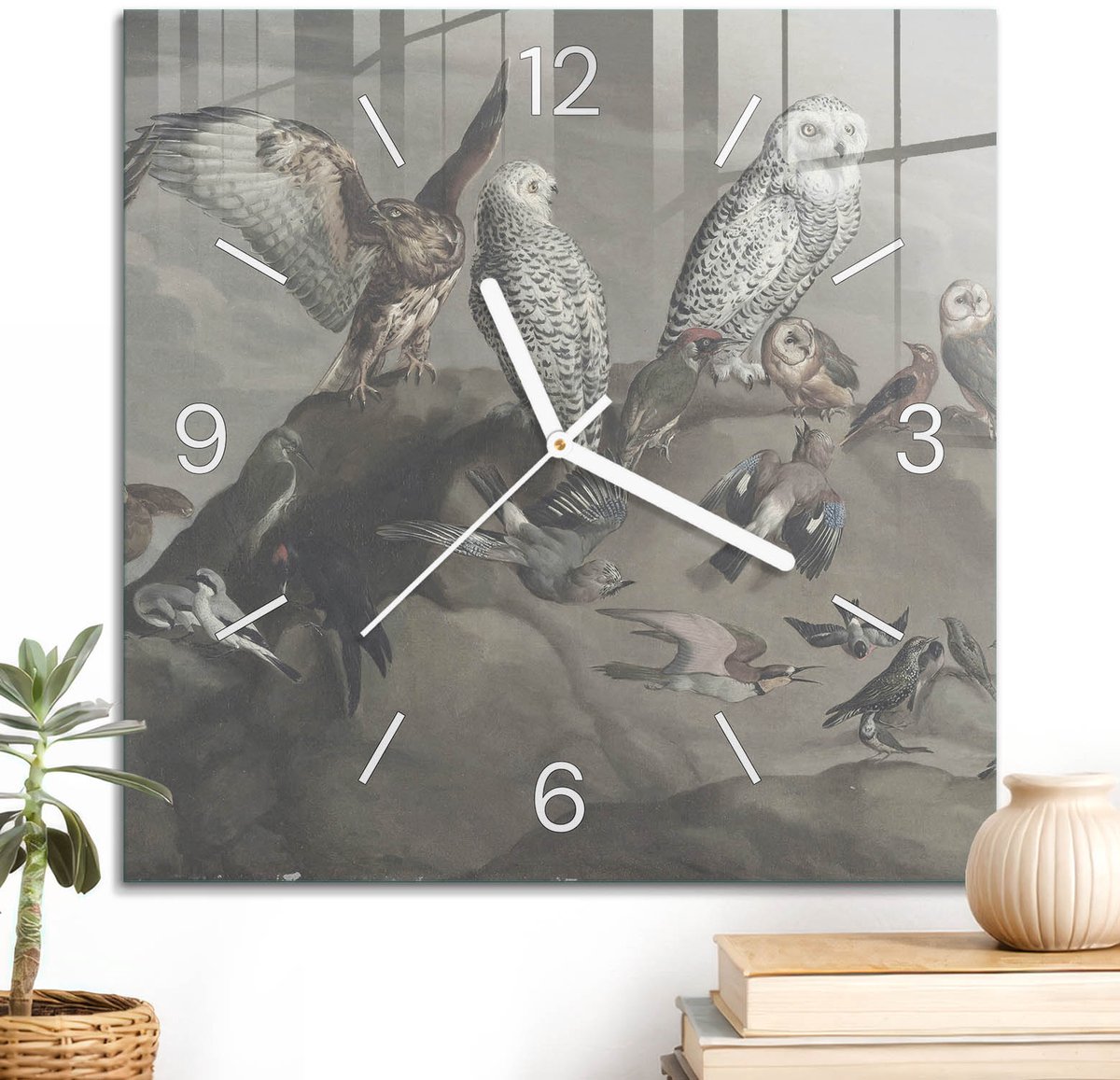 ArtPrintCave Grijs Glazen Klok - 30x30 cm - Wandklok Vierkant - Vogelspektakel Wandklok Keuken - Kunst Unieke Klok - Witte Klokwijzers