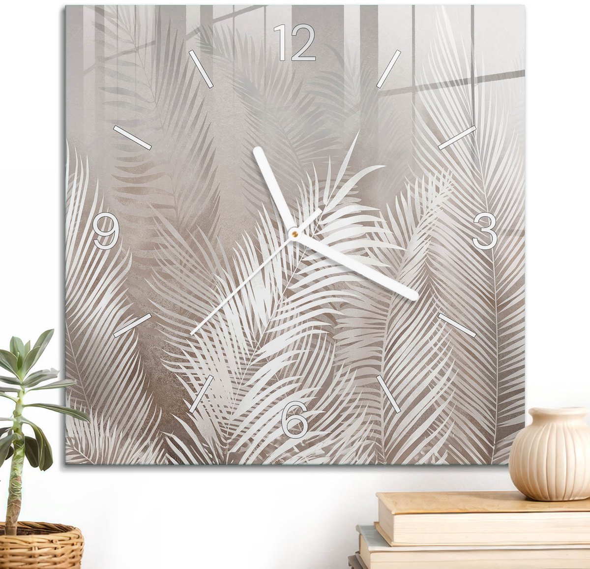 ArtPrintCave Beige Glazen Klok - 30x30 cm - Wandklok Vierkant - Etherische Veren Stille Wandklok - Natuur Wandklok Keuken - Witte Klokwijzers