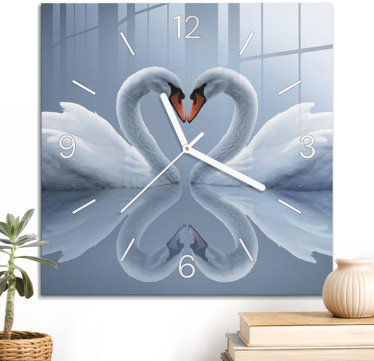 ArtPrintCave Wit Glazen Klok - 30x30 cm - Wandklok Vierkant - Zwanenliefde Stille Wandklok - Natuur Wandklok Keuken - Witte Klokwijzers