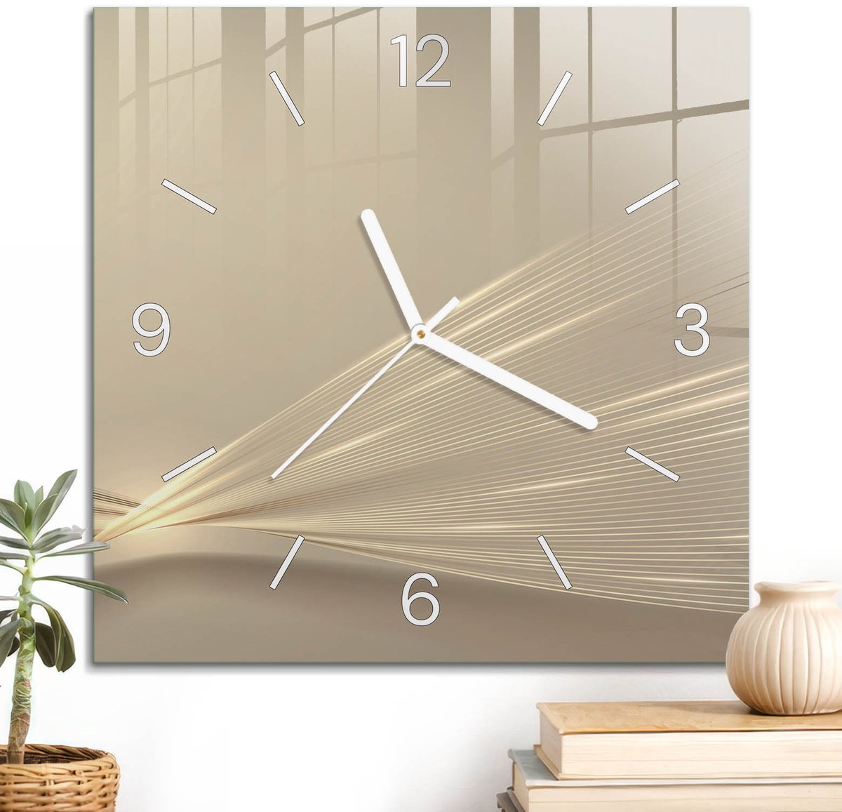 ArtPrintCave Beige Glazen Klok - 30x30 cm - Wandklok Vierkant - Lineair Patroon Unieke Klok - Achtergronden En Patronen Stille Wandklok - Witte Klokwijzers
