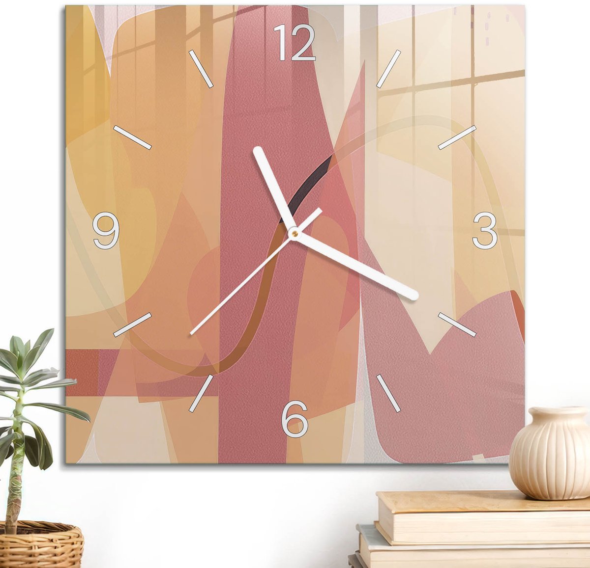 ArtPrintCave Roze Glazen Klok - 30x30 cm - Wandklok Vierkant - Pastel Abstractie Wandklok Keuken - Kunst Unieke Klok - Witte Klokwijzers