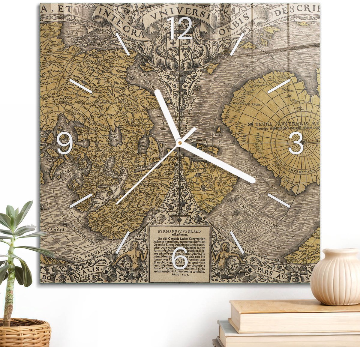 ArtPrintCave Beige Glazen Klok - 30x30 cm - Wandklok Vierkant - Vintage Kaart Unieke Klok - Kunst Stille Wandklok - Witte Klokwijzers
