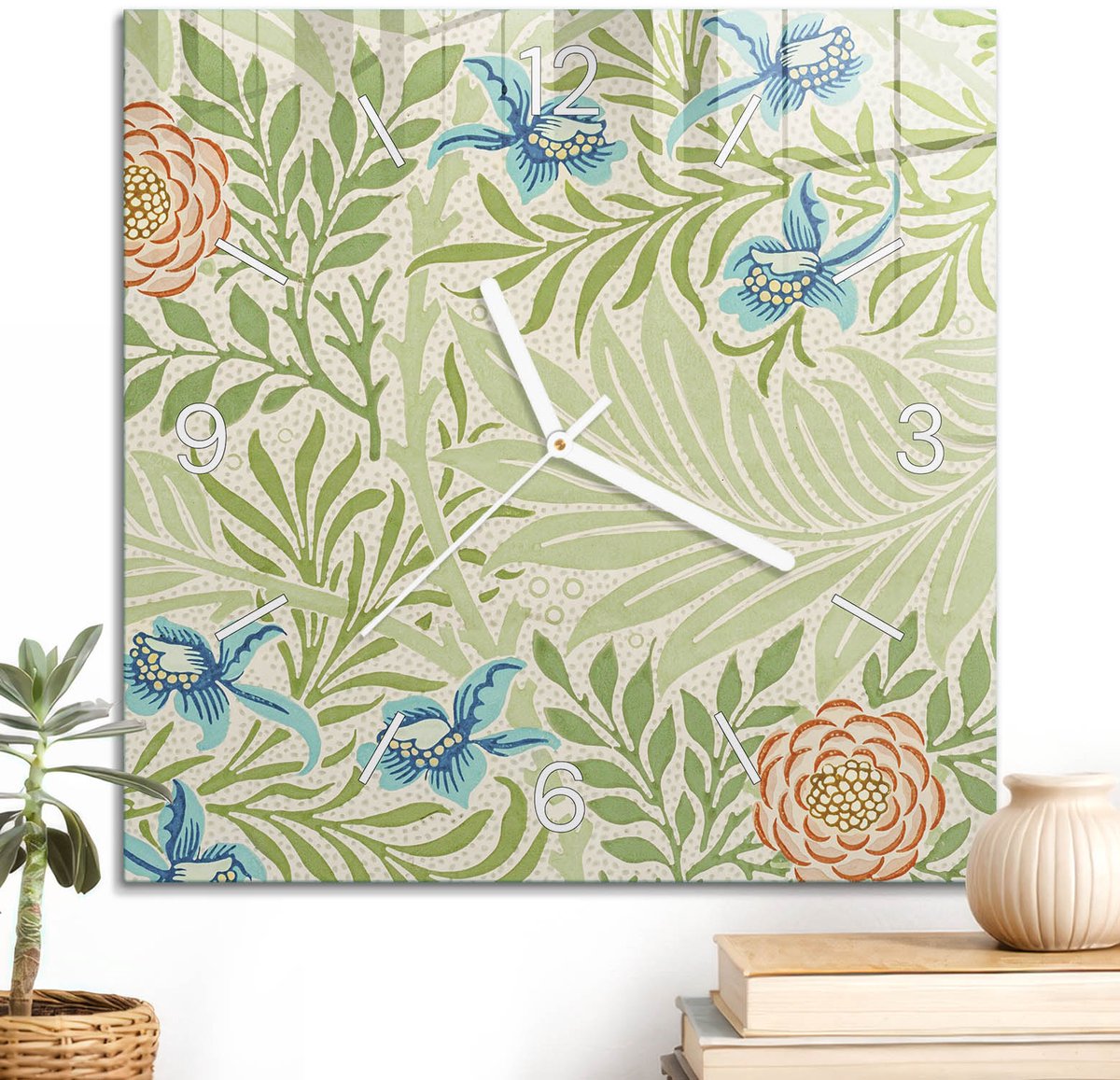 ArtPrintCave Groene Glazen Klok - 30x30 cm - Wandklok Vierkant - Plantenpatronen Wandklok Keuken - Natuur Unieke Klok - Witte Klokwijzers
