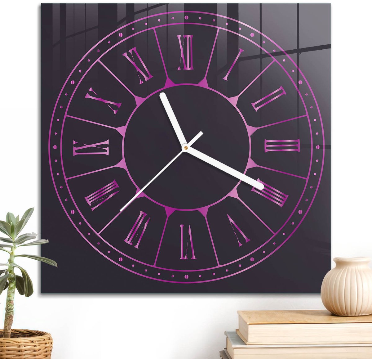 ArtPrintCave Paars Glazen Klok - 30x30 cm - Wandklok Vierkant - Tijd En Elegantie Stille Wandklok - Abstractie Wandklok Keuken - Witte Klokwijzers