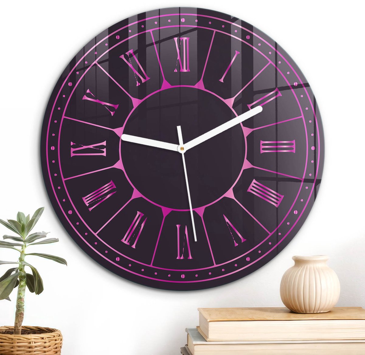 ArtPrintCave Paars Glazen Klok - Wandklok 30 cm - Muurklok Rond - Tijd En Elegantie Unieke Klok - Abstractie Stille Wandklok - Witte Klokwijzers