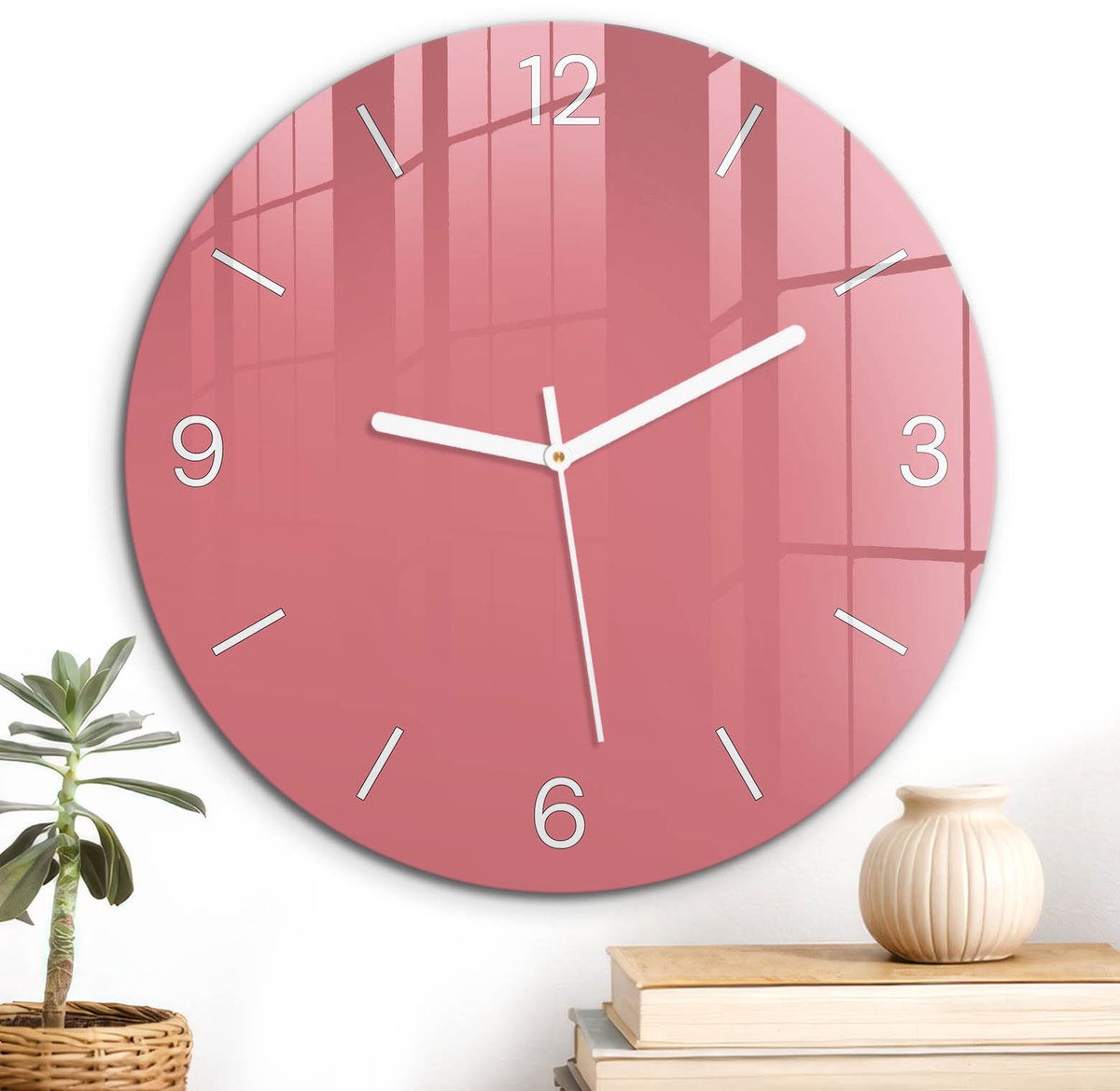 ArtPrintCave Roze Glazen Klok - Wandklok 30 cm - Muurklok Rond - Zalmkleur Unieke Klok - Abstractie Stille Wandklok - Witte Klokwijzers