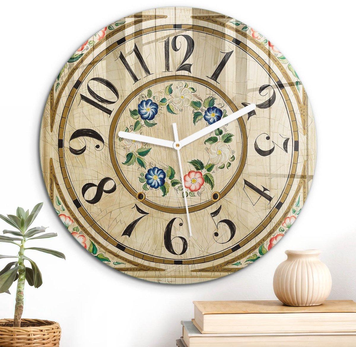 ArtPrintCave Beige Glazen Klok - Wandklok 30 cm - Muurklok Rond - Retro Bloemen Unieke Klok - Abstractie Stille Wandklok - Witte Klokwijzers