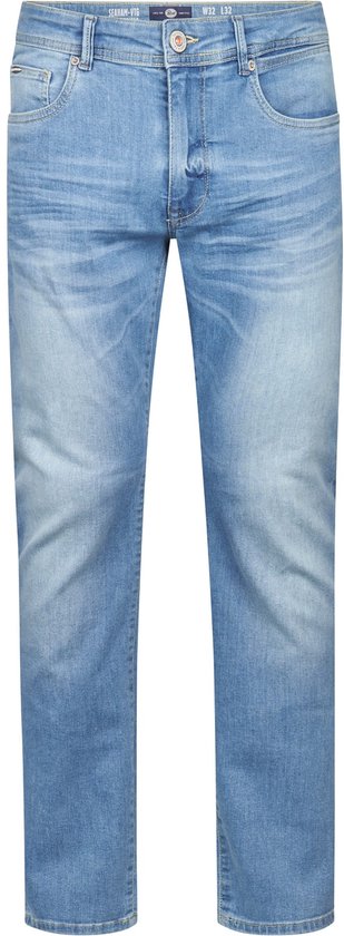 Lichtblauwe denim jeans met een vintage wassing, slim fit, smalle taille en 6 zakken.
