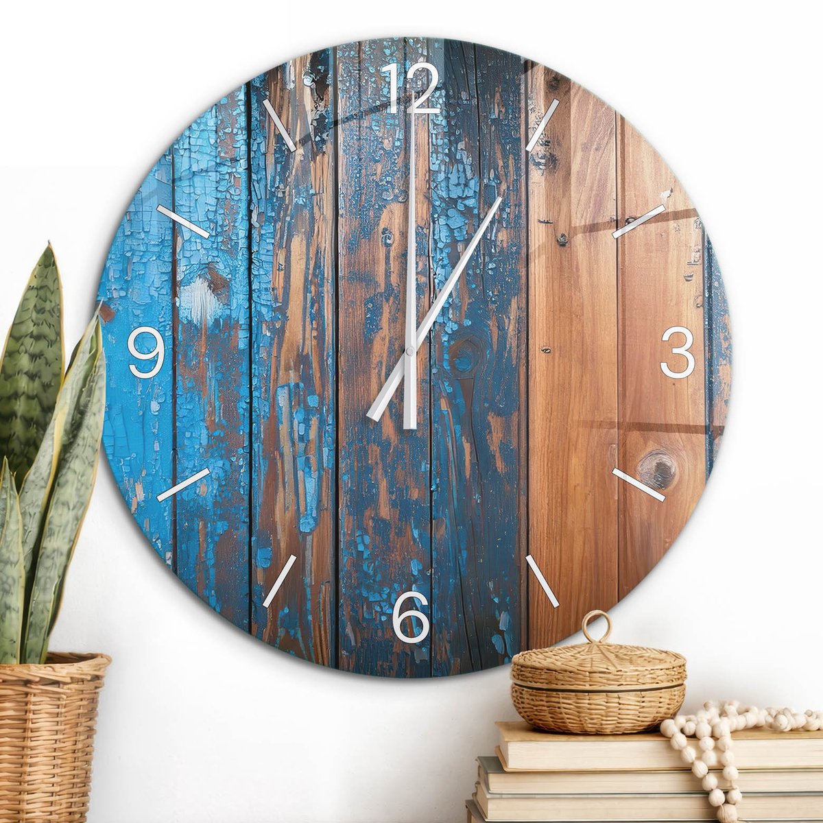 ArtPrintCave Blauw Glazen Klok - Wandklok 60 cm - Muurklok Rond - Rustiek Hout Wandklok Keuken - Achtergronden En Patronen Unieke Klok - Witte Klokwijzers