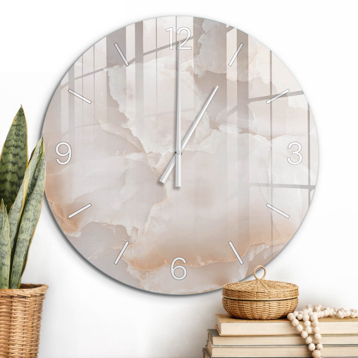 ArtPrintCave Beige Glazen Klok - Wandklok 60 cm - Muurklok Rond - Verfijnde Elegantie Wandklok Keuken - Achtergronden En Patronen Unieke Klok - Witte Klokwijzers