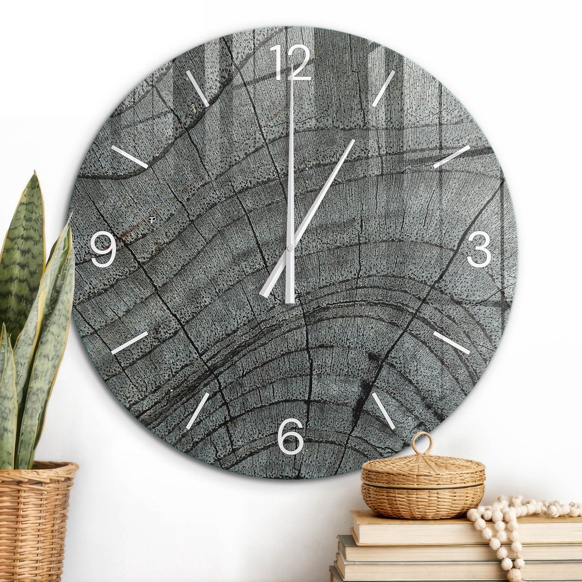 ArtPrintCave Grijs Glazen Klok - Wandklok 60 cm - Muurklok Rond - Houtstructuur Stille Wandklok - Natuur Wandklok Keuken - Witte Klokwijzers