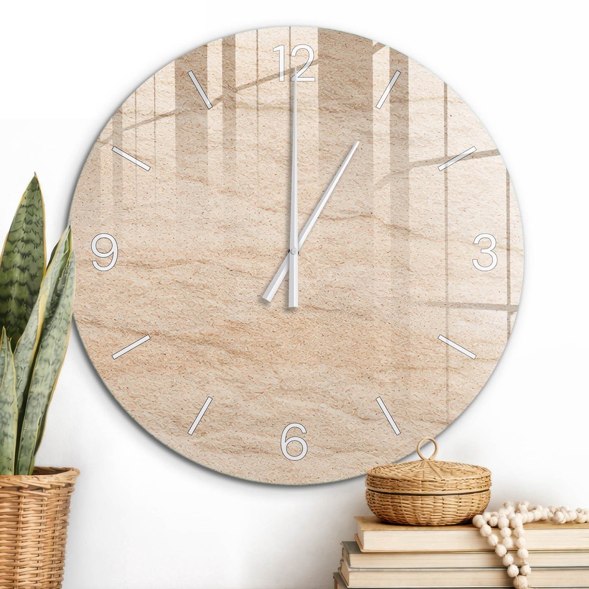 ArtPrintCave Beige Glazen Klok - Wandklok 60 cm - Muurklok Rond - Beige Patroon Wandklok Keuken - Achtergronden En Patronen Unieke Klok - Witte Klokwijzers
