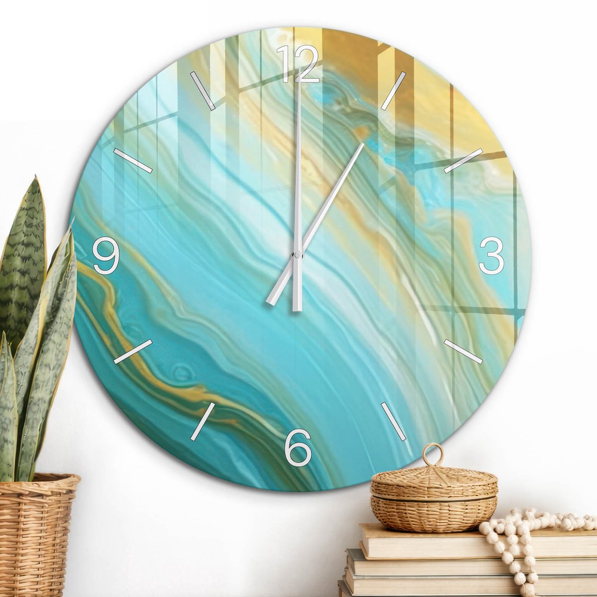 ArtPrintCave Turkoois Glazen Klok - Wandklok 60 cm - Muurklok Rond - Kleurrijke Wervelingen Wandklok Keuken - Achtergronden En Patronen Unieke Klok - Witte Klokwijzers