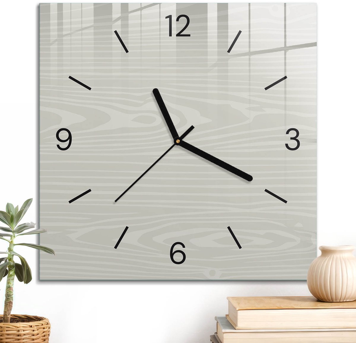 ArtPrintCave Beige Glazen Klok - 30x30 cm - Wandklok Vierkant - Houten Patroon Wandklok Keuken - Achtergronden En Patronen Unieke Klok - Zwarte Klokwijzers