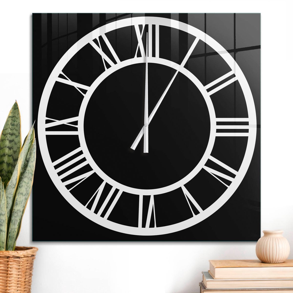 ArtPrintCave Zwart Glazen Klok - 60x60 cm - Wandklok Vierkant - Romeinse Klok Unieke Klok - Geometrische Stille Wandklok - Witte Klokwijzers