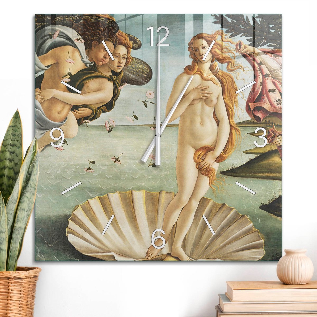 ArtPrintCave Groene Glazen Klok - 60x60 cm - Wandklok Vierkant - De Geboorte Van Venus Stille Wandklok - Natuur Wandklok Keuken - Witte Klokwijzers