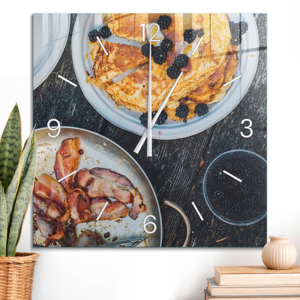 ArtPrintCave Bruin Glazen Klok - 60x60 cm - Wandklok Vierkant - Lekker Ontbijt Wandklok Keuken - Natuur Unieke Klok - Witte Klokwijzers