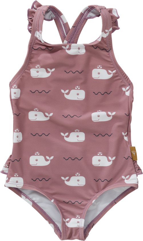 Roze badpak met walvisprint en ruches aan de schouderbandjes.