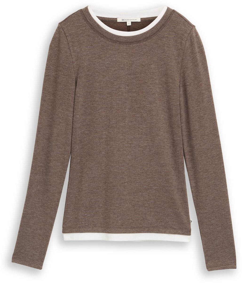Tom Tailor Denim - Cosy T-shirt met lange mouwen in 2-in-1-look - Maat XXL - cool dark brown melange