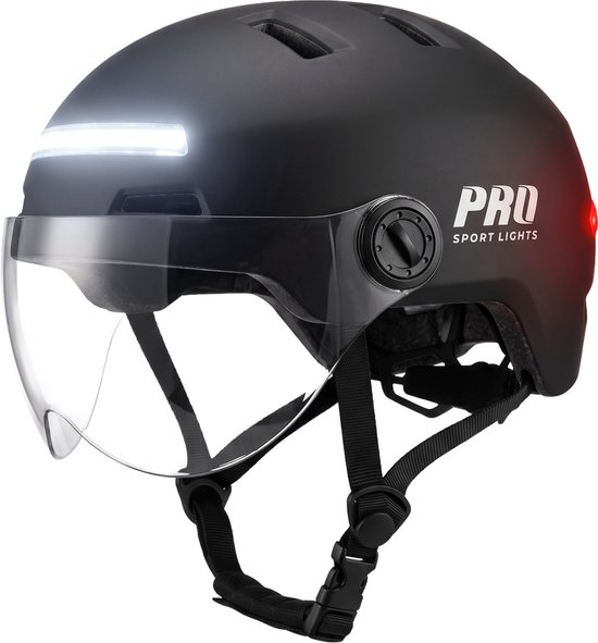Casque de vélo noir avec feux avant et arrière, une visière transparente et logo "PRO SPORT LIGHTS".